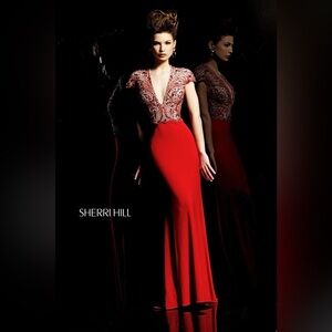 Sherri Hill Red Jersey Stoned Gown - Size 6, prom or pageant gown